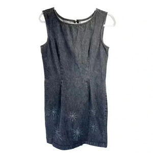 Vtg 90s Y2K Size 8 Babydoll Sheath Dress Black Denim Rhinestone Starbursts Stars